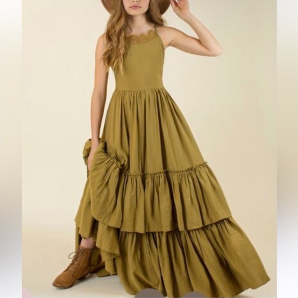 Mia Joy Joyfolie Girls Kids Khaki Olive Sleeveless Tiered Evony Maxi Dress